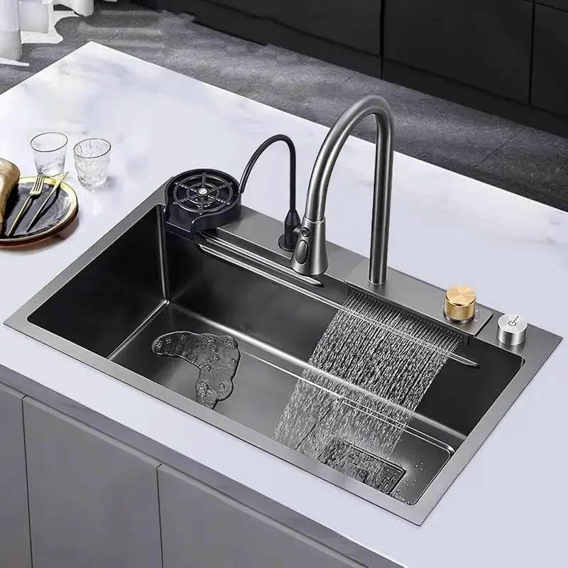 Gray Stainless Steel Single Bowl Sink with Pull-Down Faucet