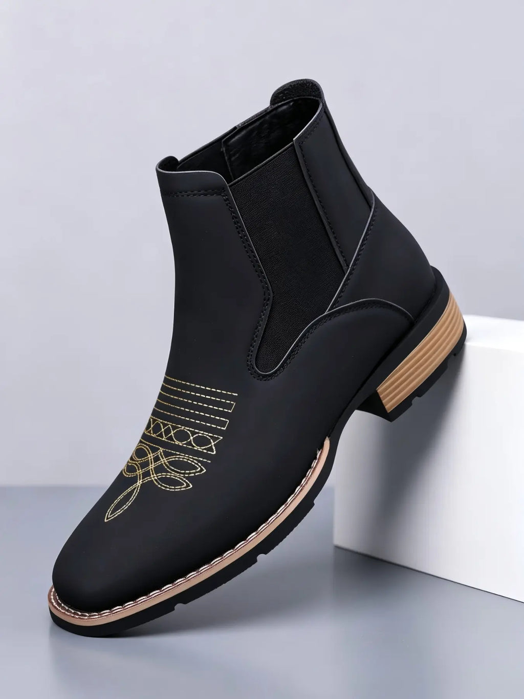 Black Chelsea Boots with Gold Stitching