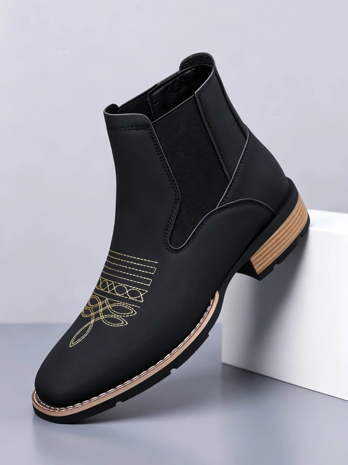 Black Chelsea Boots with Gold Stitching