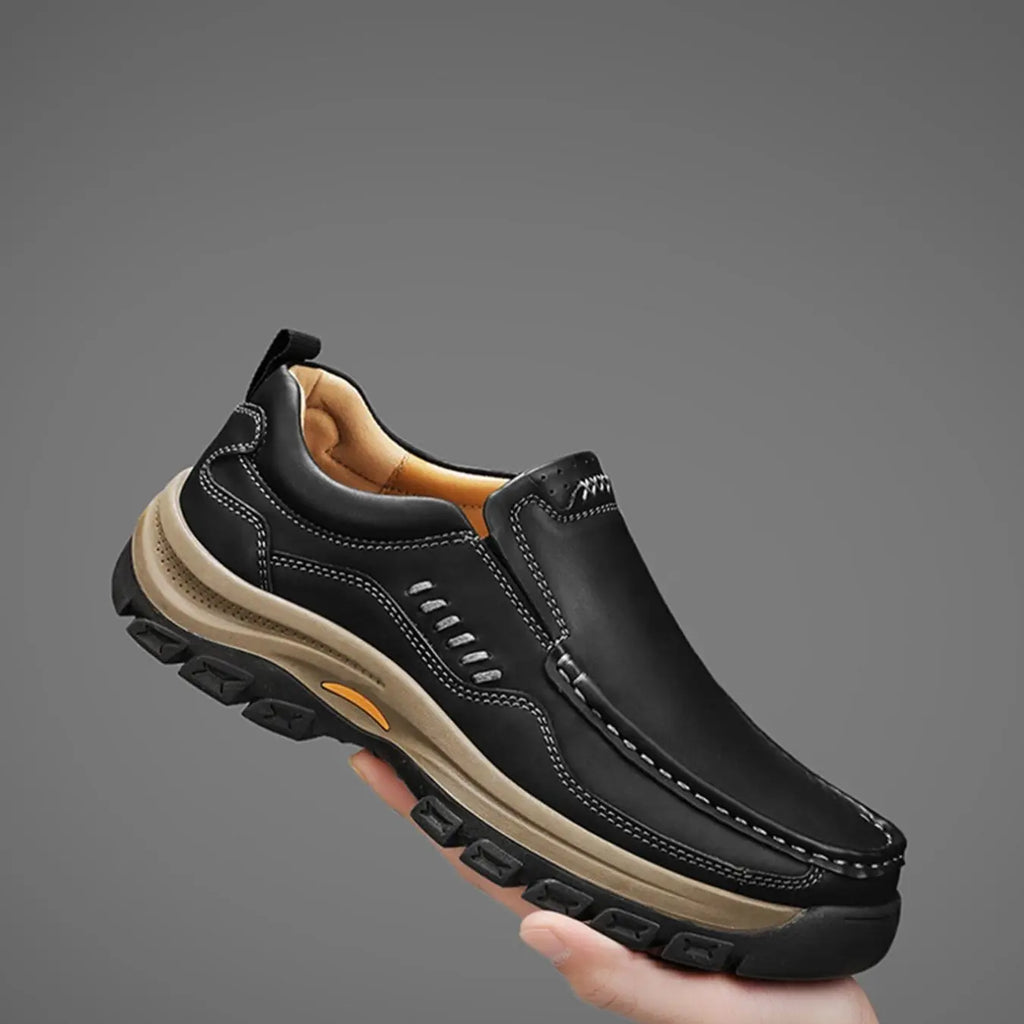 Brown Leather-Look Slip-On Shoes with Thick Tread Sole