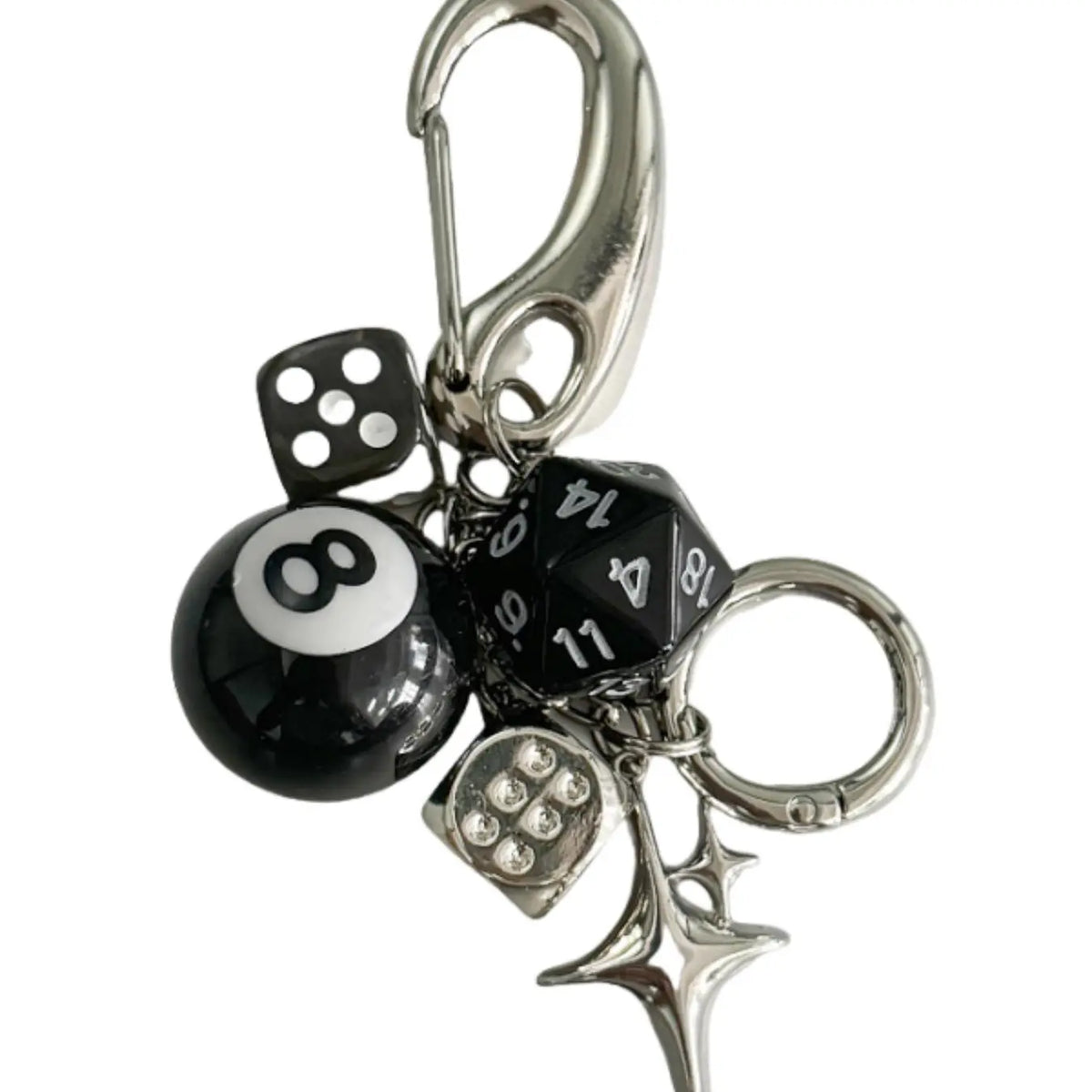 Silver Clasp Keychain with Dice and Star Charms
