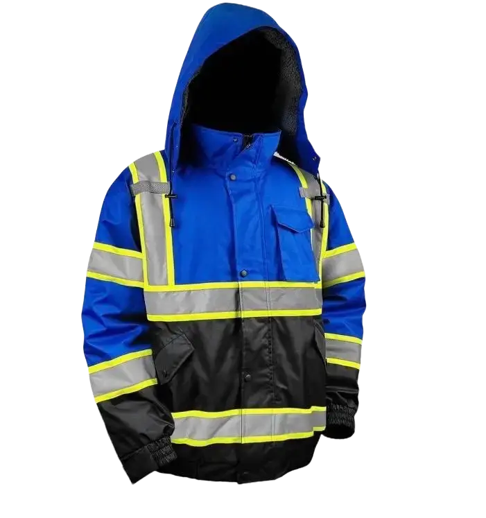 Blue and Black Hooded Safety Jacket with Reflective Stripes
