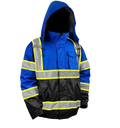 Blue and Black Hooded Safety Jacket with Reflective Stripes