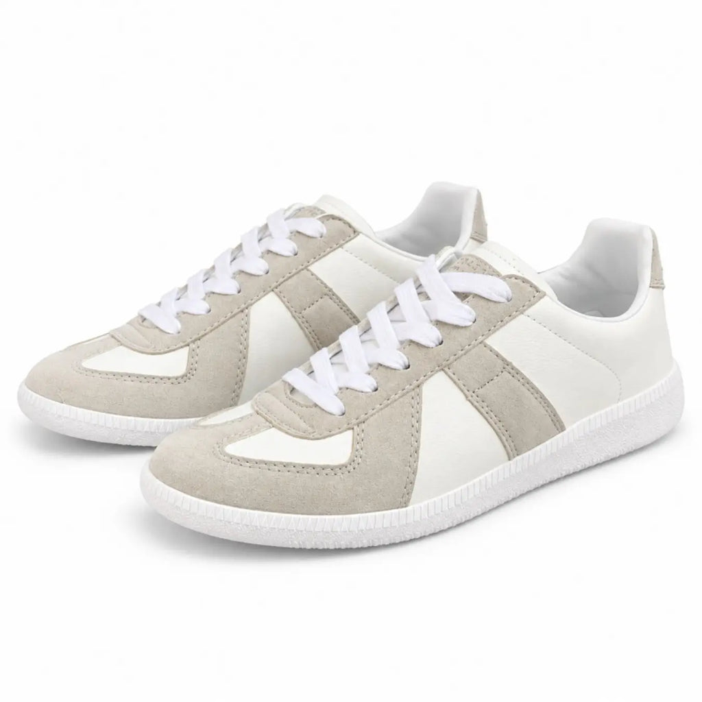 White and Grey Low Top Lace-Up Sneakers
