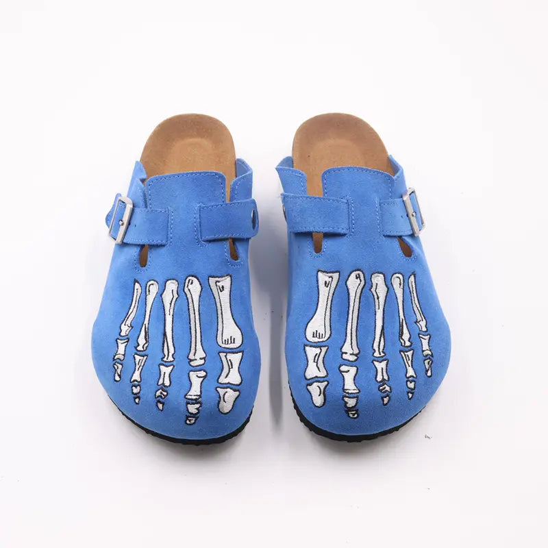 Blue Suede Cork Clogs with Skeleton Foot Print