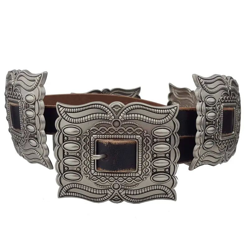 Brown Leather Belt with Silver Concho Plates