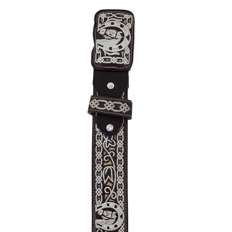 Brown Leather Belt With Embroidered Horse Buckle