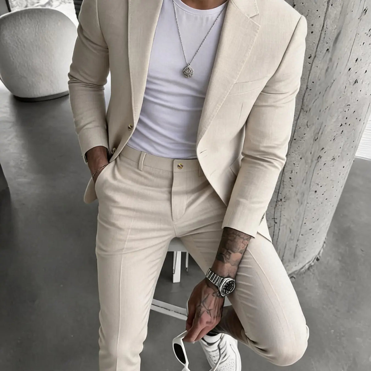 Beige Two-Piece Suit with Blazer and Trousers