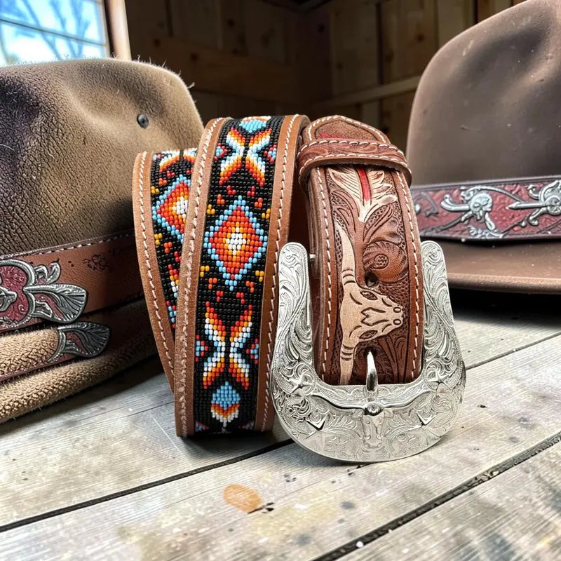 Tooled Brown Leather Belt with Beaded Inlay