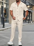 Cream Textured Short Sleeve Shirt and Pants Set