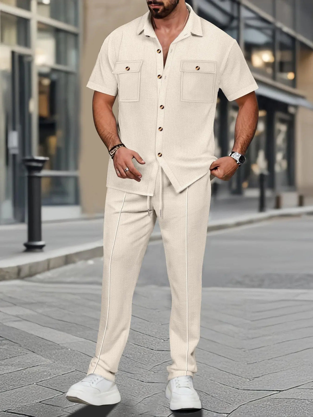 Cream Textured Short Sleeve Shirt and Pants Set
