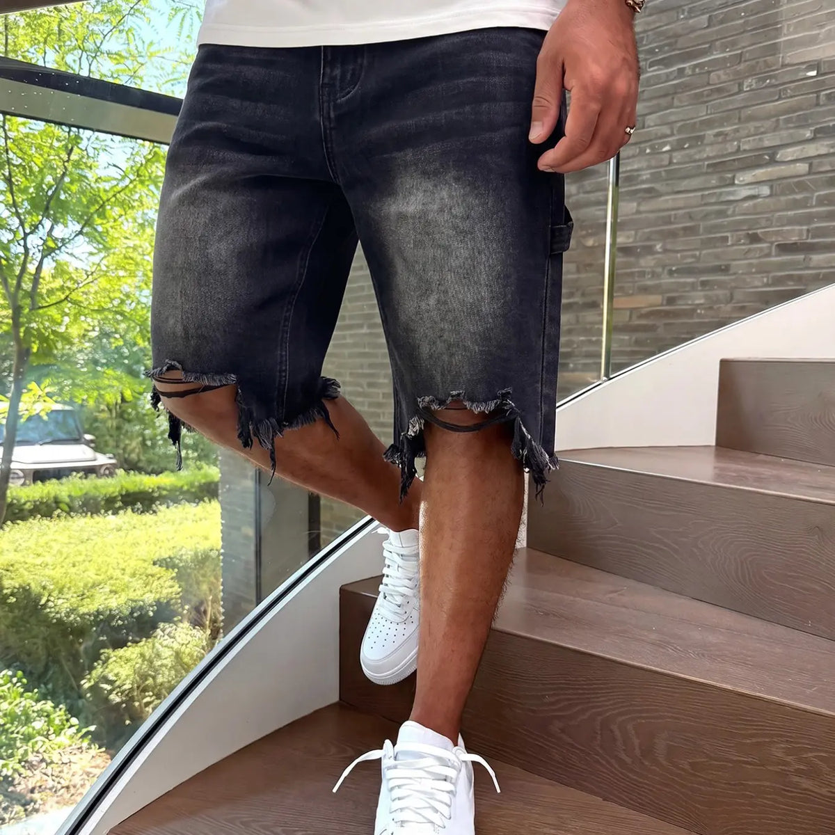 Light Wash Denim Shorts with Frayed Hems