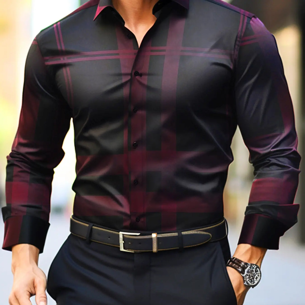 Black and Red Plaid Long Sleeve Button-Up Shirt