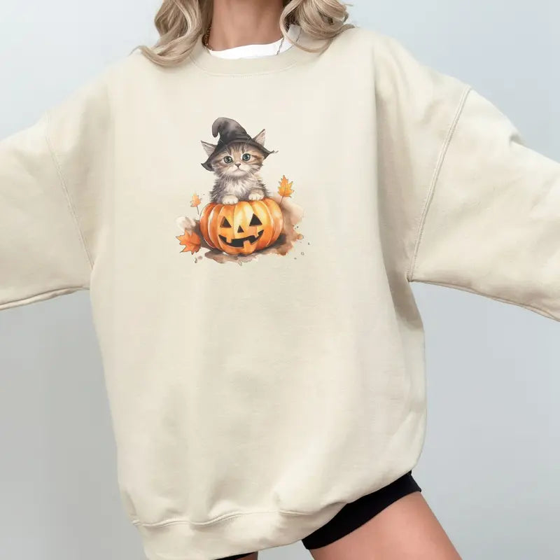 Heather Gray Crewneck Sweatshirt With Kitten Print