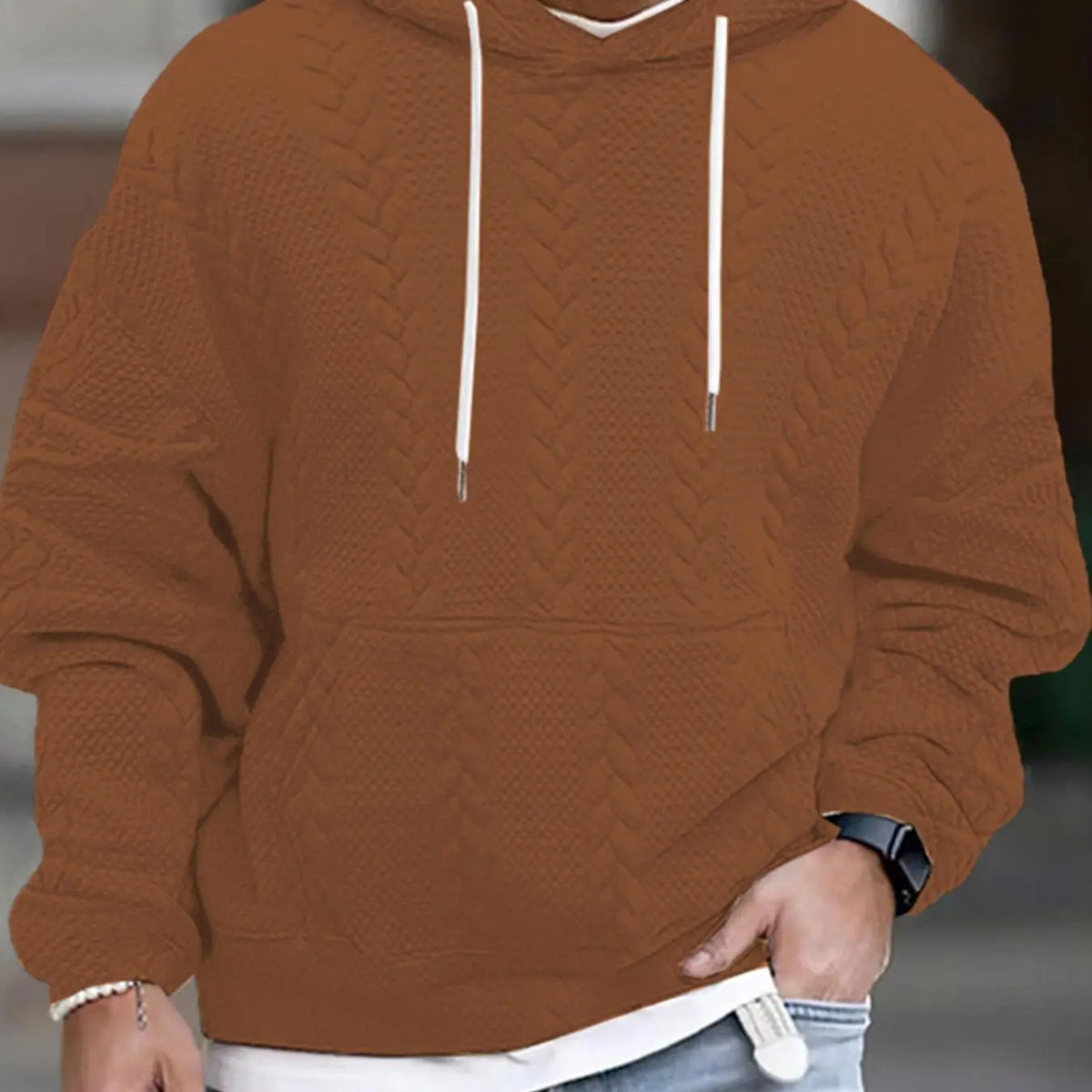 Grey Cable Texture Drawstring Hooded Sweatshirt