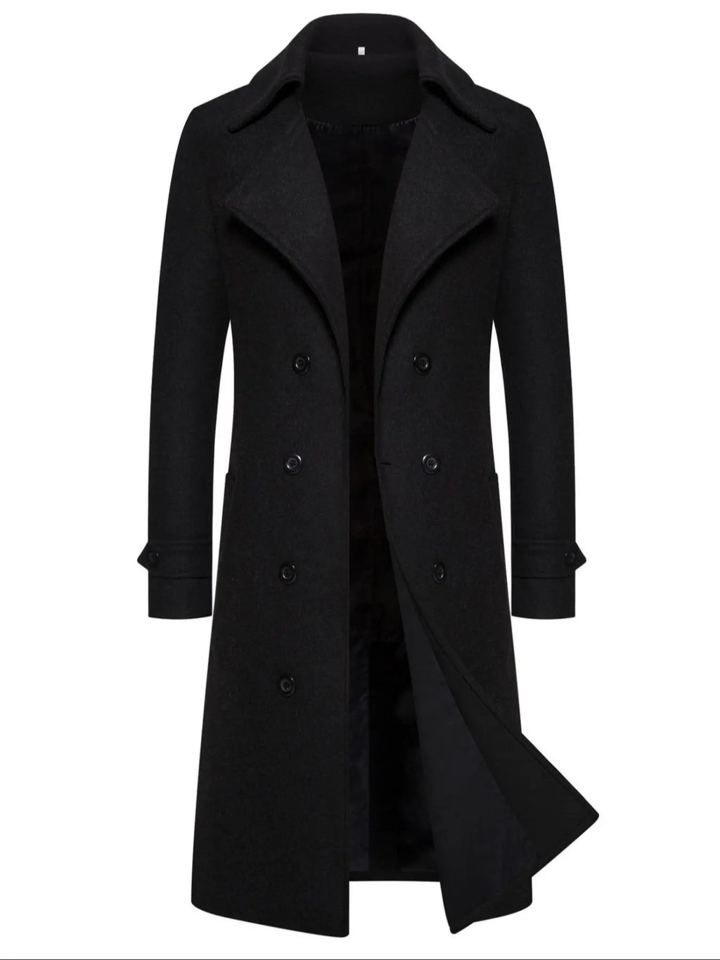 Long Black Double-Breasted Coat With Wide Lapels