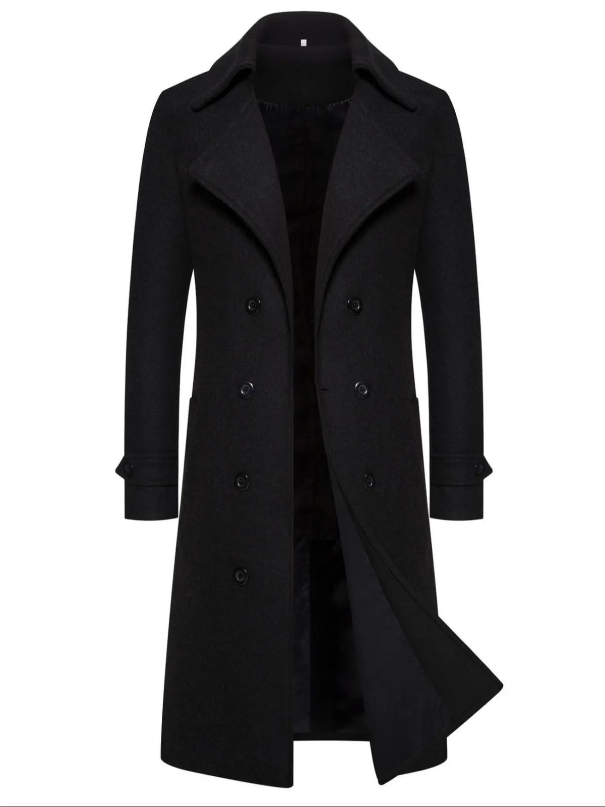 Long Black Double-Breasted Coat With Wide Lapels