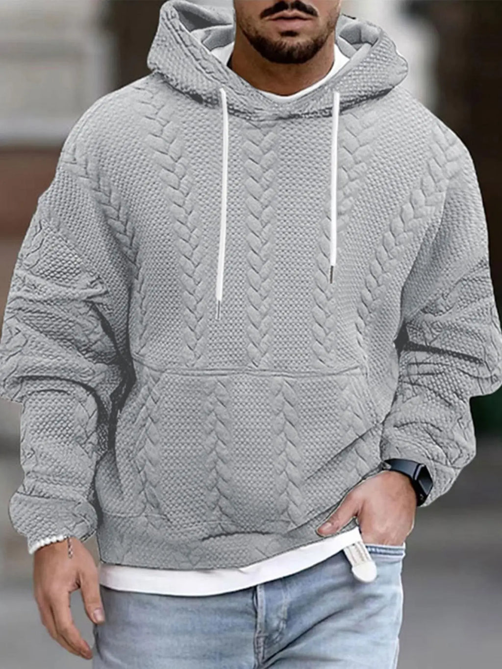 Grey Cable Texture Drawstring Hooded Sweatshirt