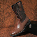 Brown Embroidered Mid-Calf Boots with Snakeskin Texture