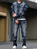 Blue Denim Jacket and Pants Set with Frayed Seams