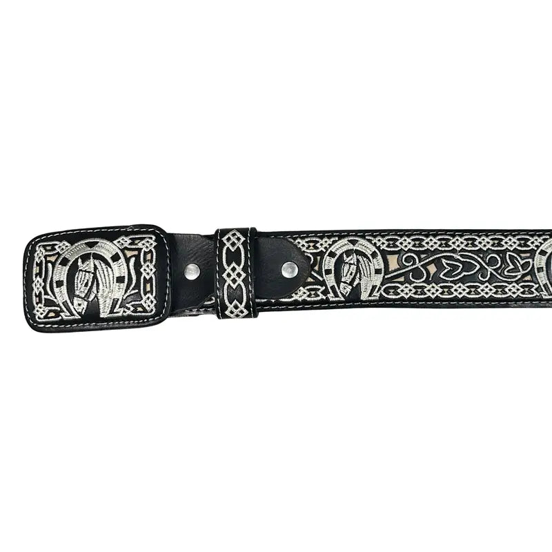 Brown Leather Belt With Embroidered Horse Buckle