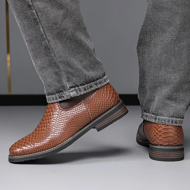 Brown Embroidered Mid-Calf Boots with Snakeskin Texture