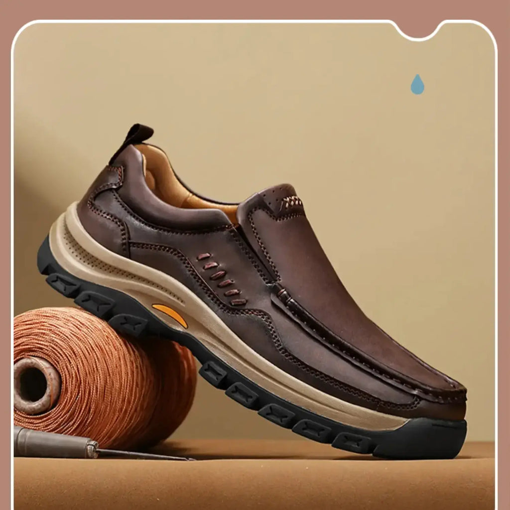 Brown Leather-Look Slip-On Shoes with Thick Tread Sole