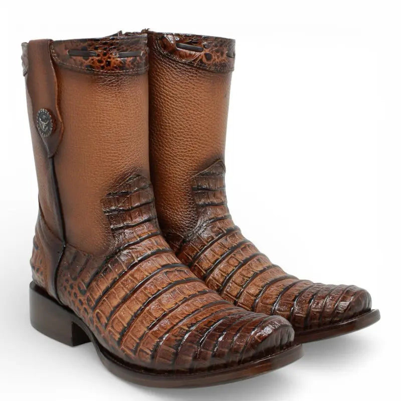 Brown Leather Square Toe Short Western Boots