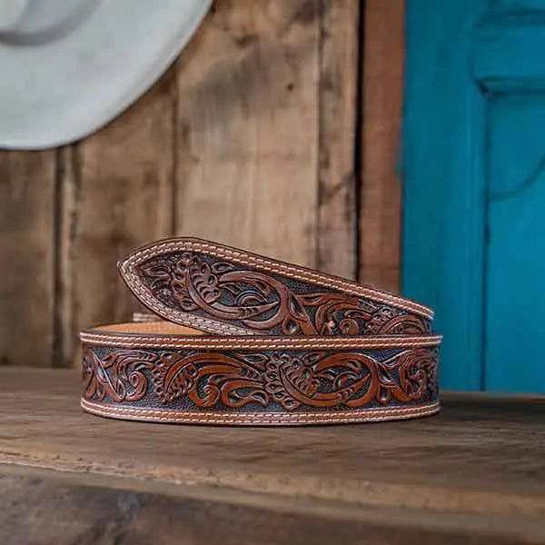 Tooled Brown Leather Western Belt
