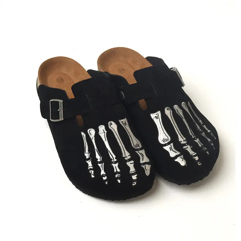 Blue Suede Cork Clogs with Skeleton Foot Print