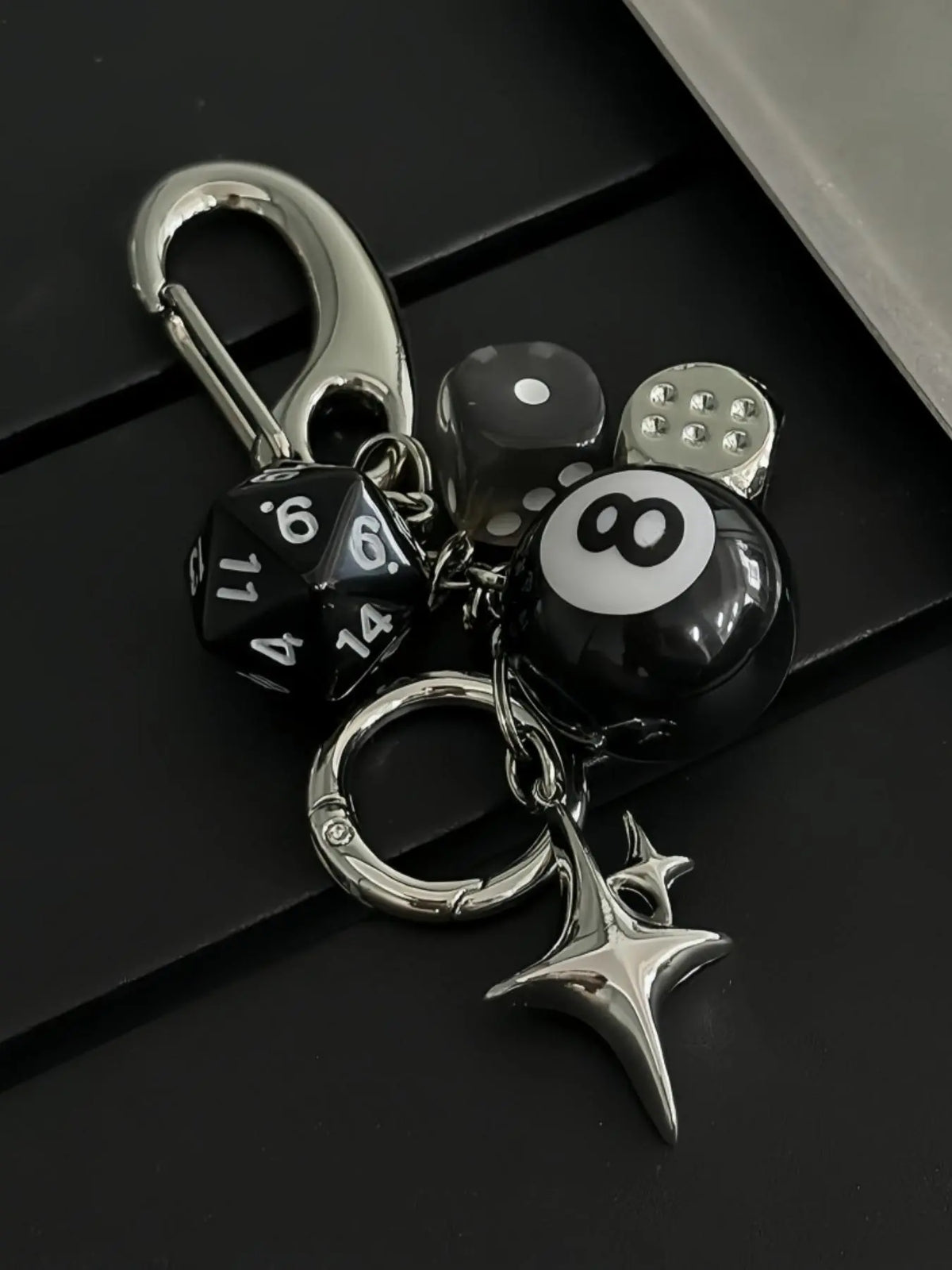 Silver Clasp Keychain with Dice and Star Charms