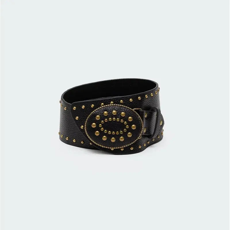 Wide Black Belt with Studs and Oval Buckle