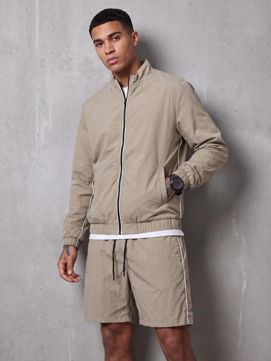 Men's Khaki Zip Jacket and Drawstring Shorts Set