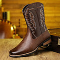 Brown Leather Look Western Boots Embroidered