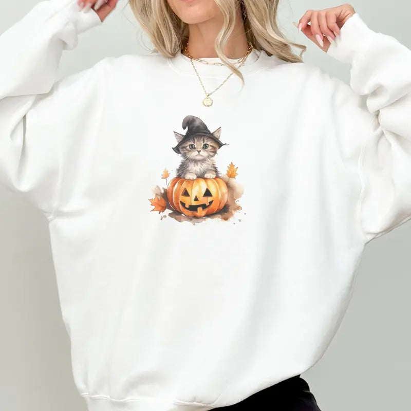 Heather Gray Crewneck Sweatshirt With Kitten Print