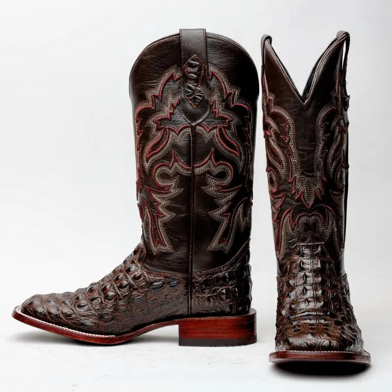 Brown Leather Western Boots With Embossed Scale Foot