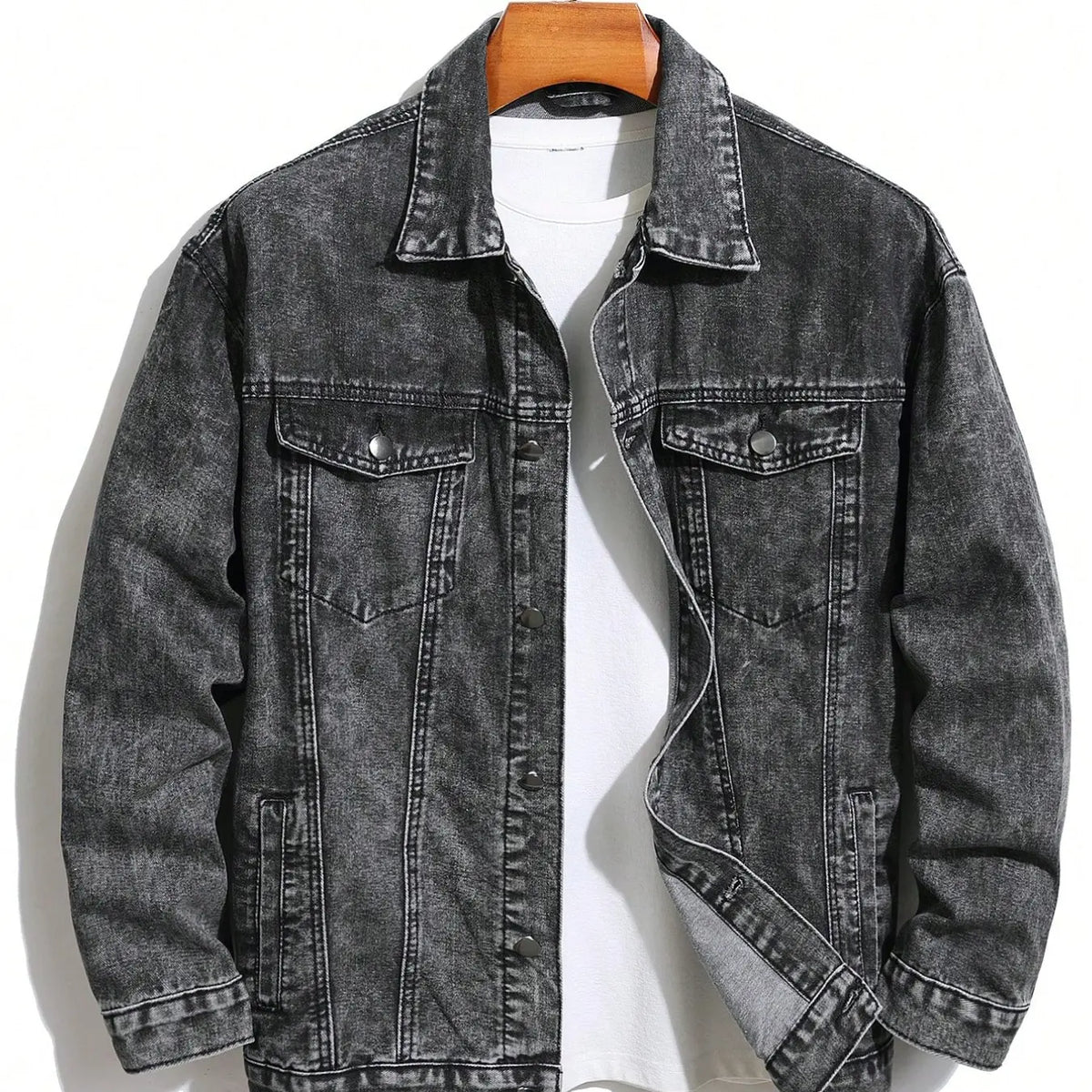 Black Button Front Denim Jacket with Chest Pockets