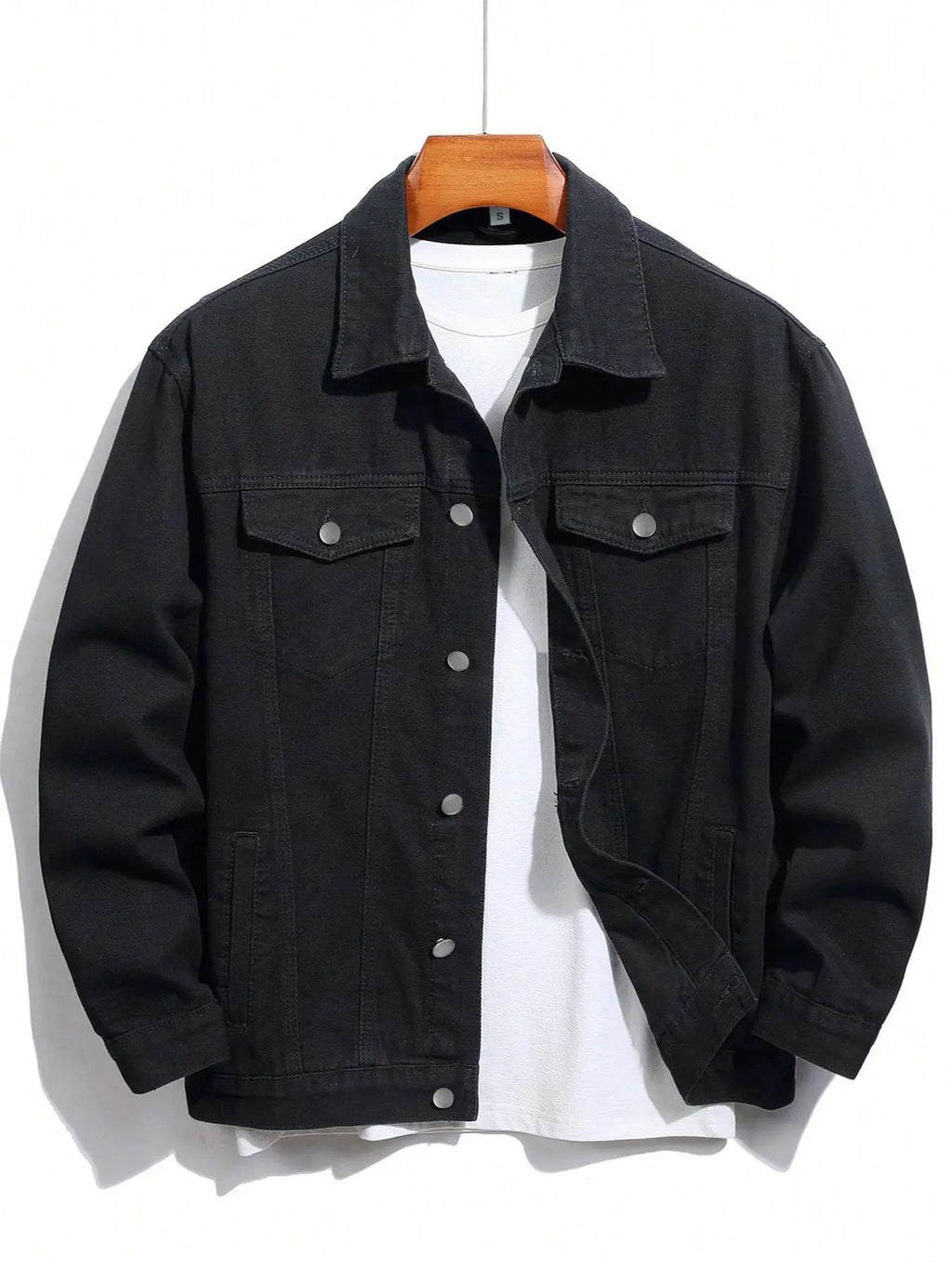 Black Button Front Denim Jacket with Chest Pockets