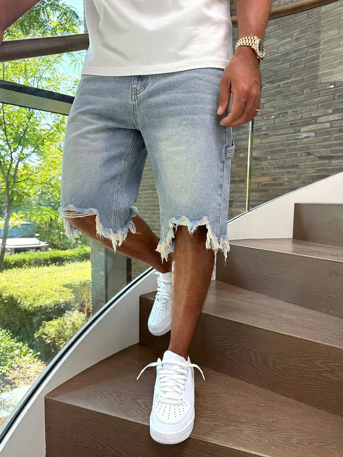 Light Wash Denim Shorts with Frayed Hems