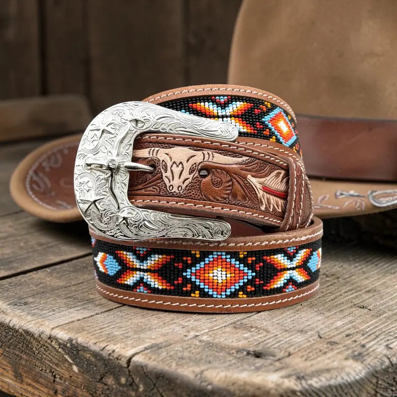 Tooled Brown Leather Belt with Beaded Inlay