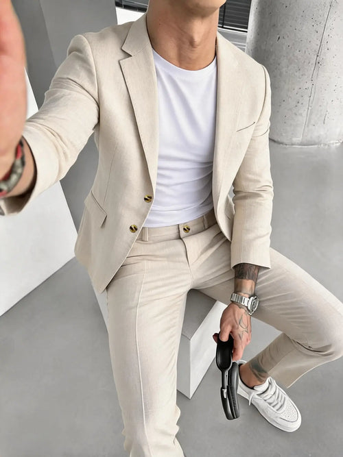 Beige Two-Piece Suit with Blazer and Trousers