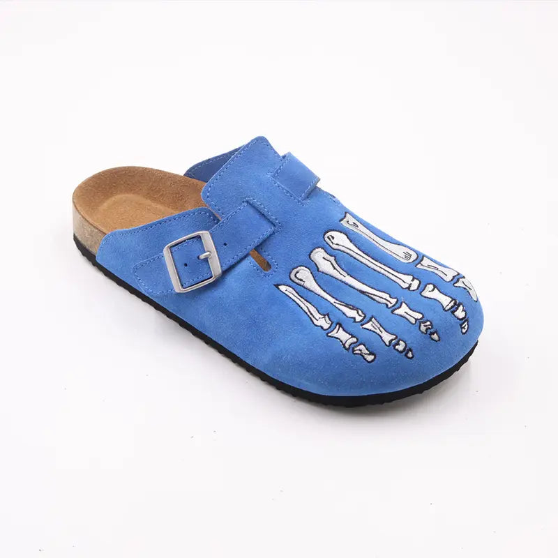 Blue Suede Cork Clogs with Skeleton Foot Print