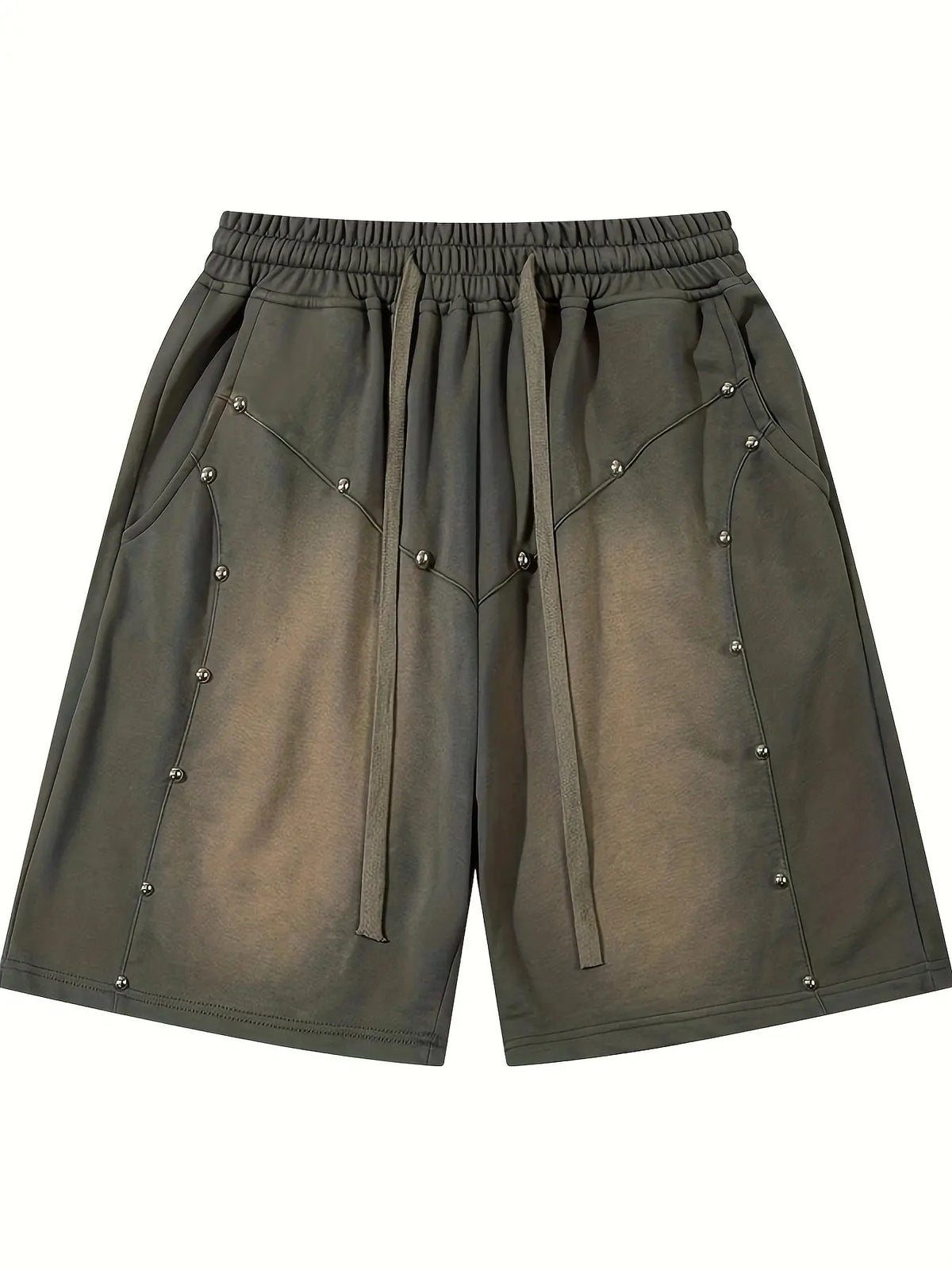 Washed Olive Drawstring Shorts With Metal Studs