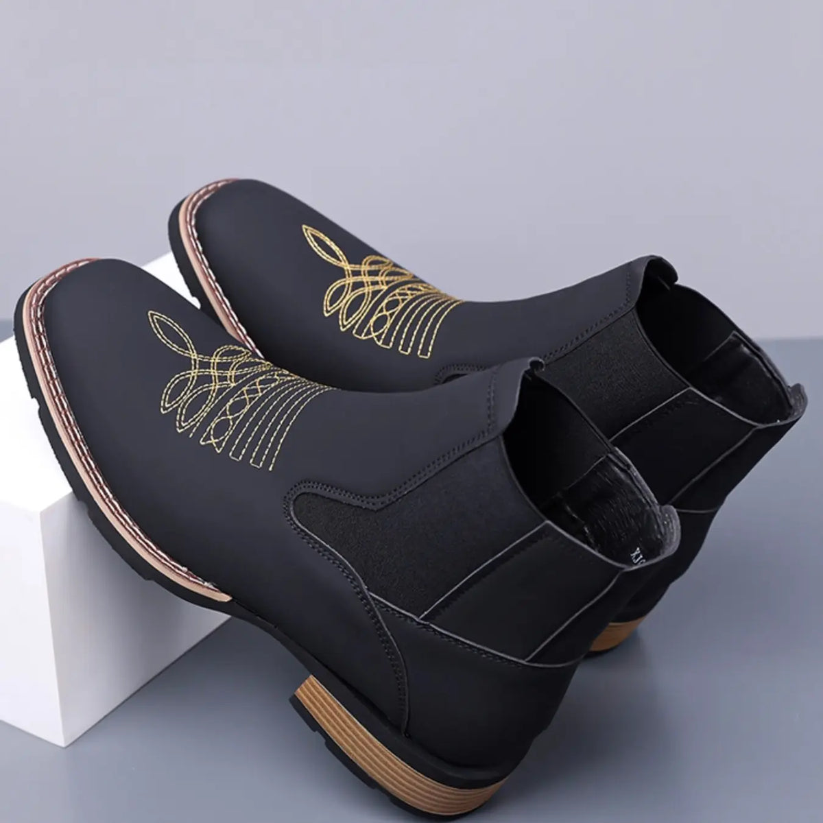 Black Chelsea Boots with Gold Stitching