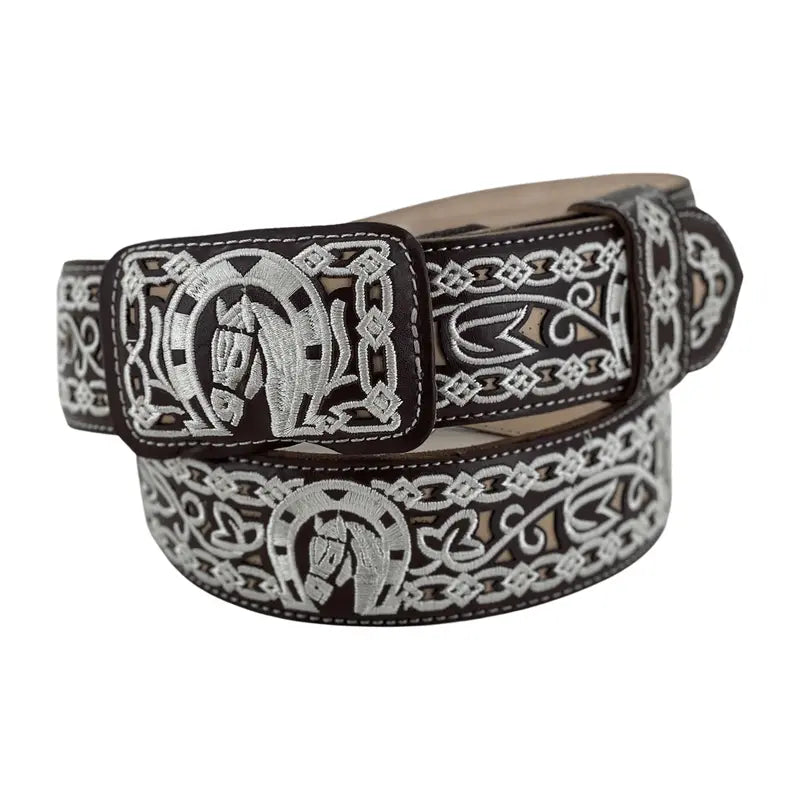 Brown Leather Belt With Embroidered Horse Buckle