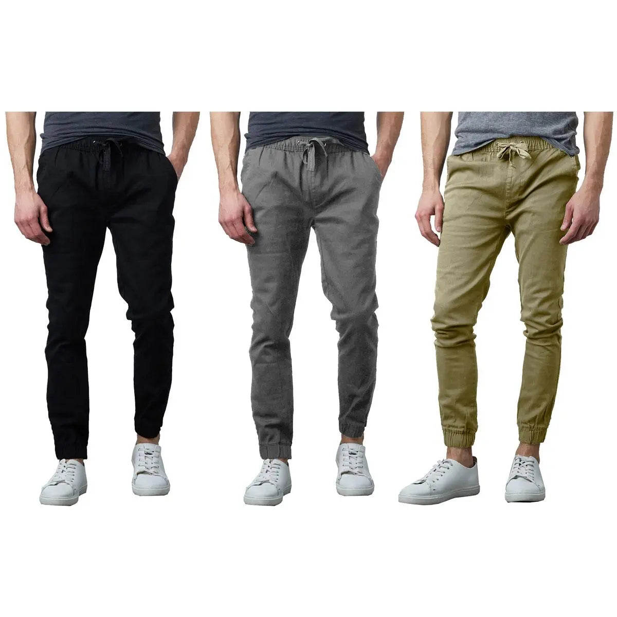 Three Pack Drawstring Jogger Pants in Black, Grey, Khaki