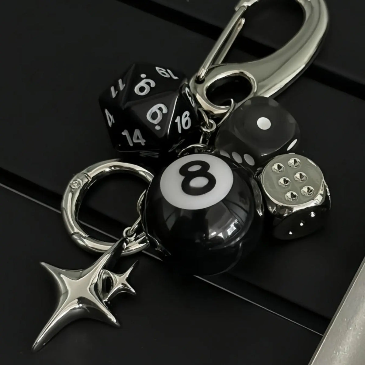 Silver Clasp Keychain with Dice and Star Charms