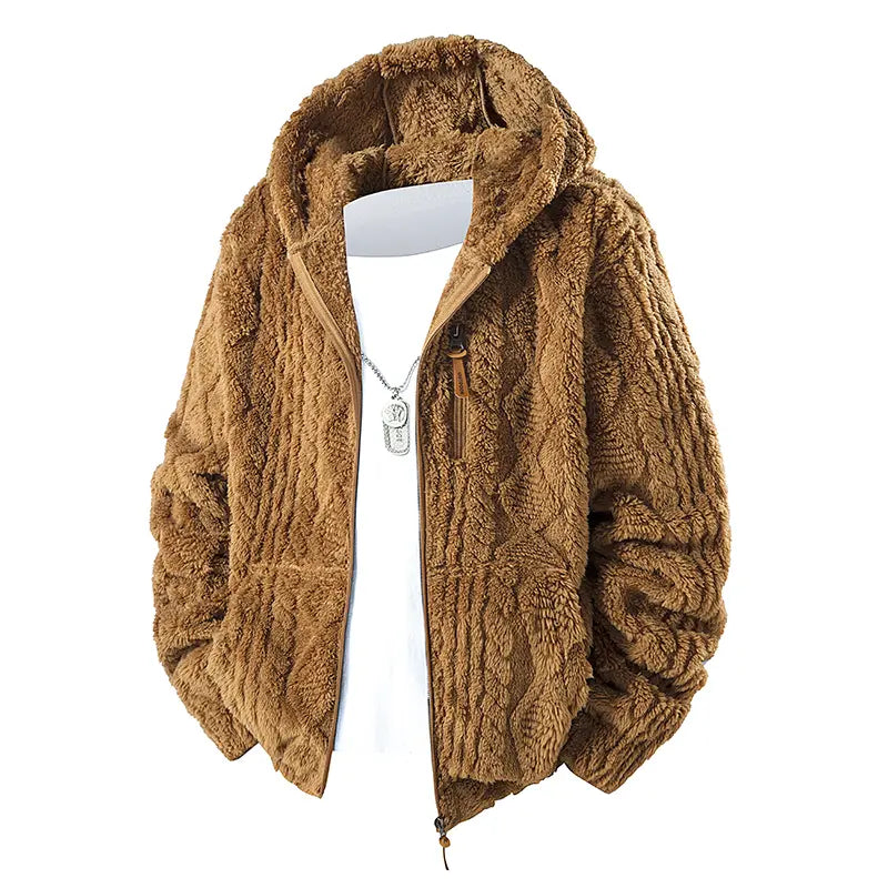 Camel Brown Fluffy Hooded Zip-Up Jacket