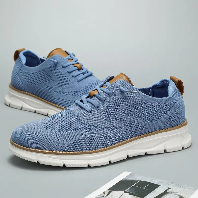 Blue Knit Lace-Up Shoes with White Sole