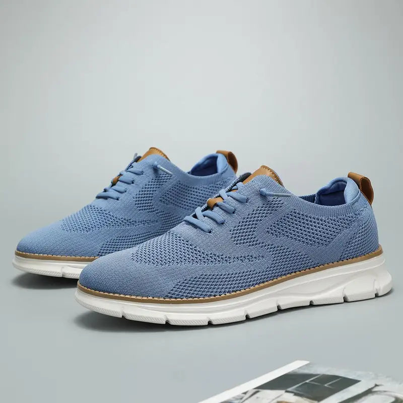 Blue Knit Lace-Up Shoes with White Sole